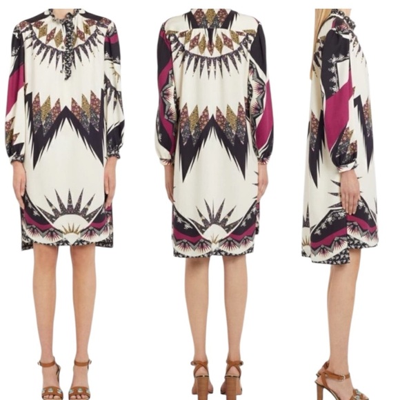 ETRO Gimmie Patchwork Boho Long Sleeve Wool & Silk Shift High-Low Mini Dress NEW - Picture 3 of 15